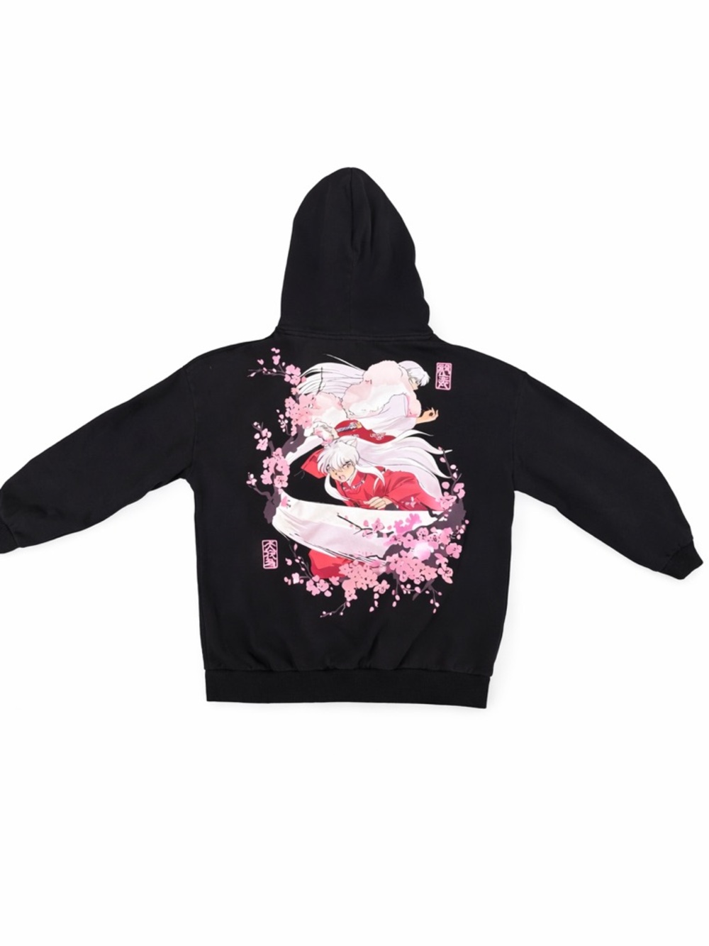 InuYasha Anime Hoodie Size Large Black Graphic Hoodie Cherry Blossom Design - Picture 2 of 8